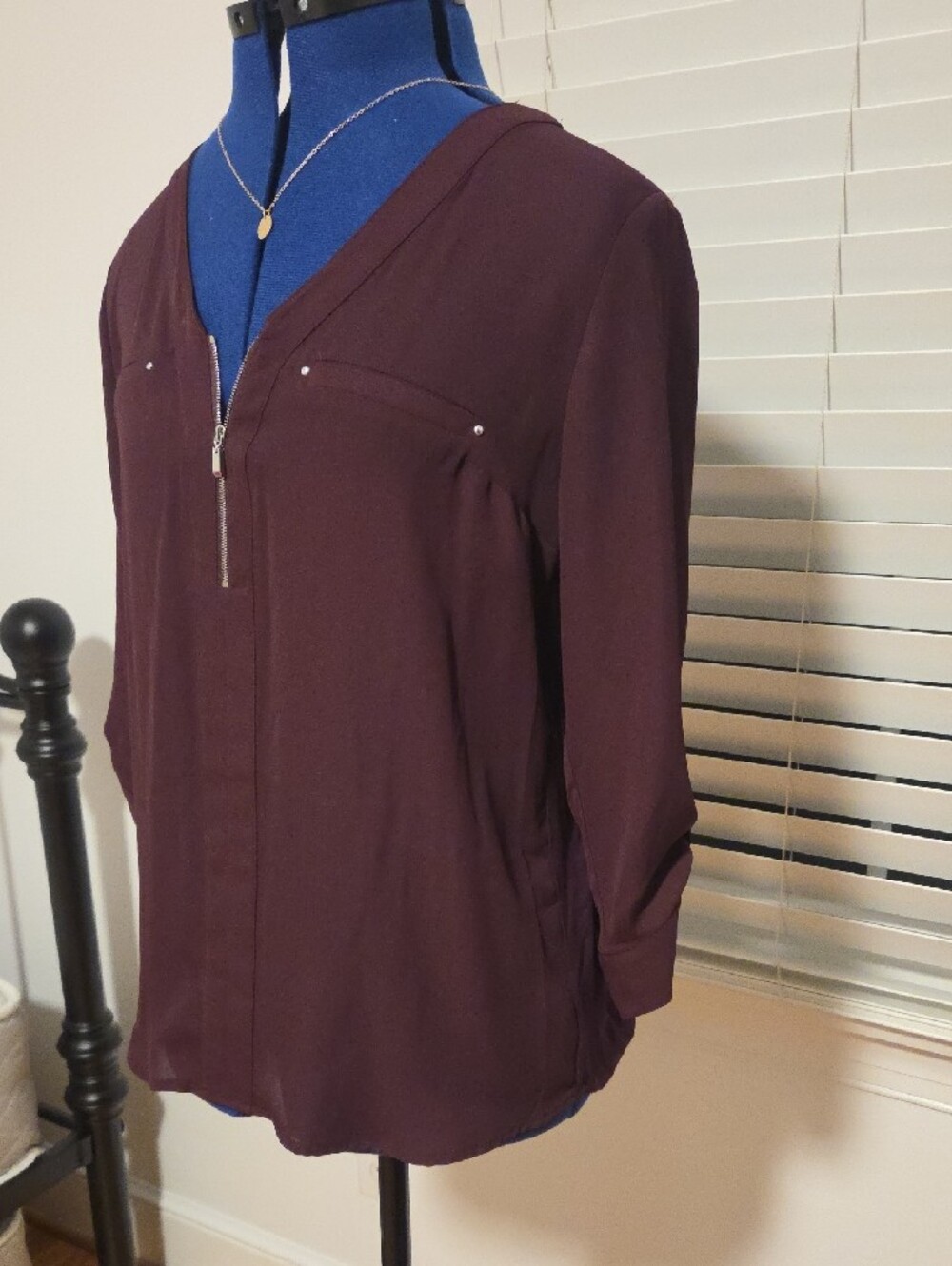 Women’s V-Neck Zip Blouse - Plum - Picture 3 of 6